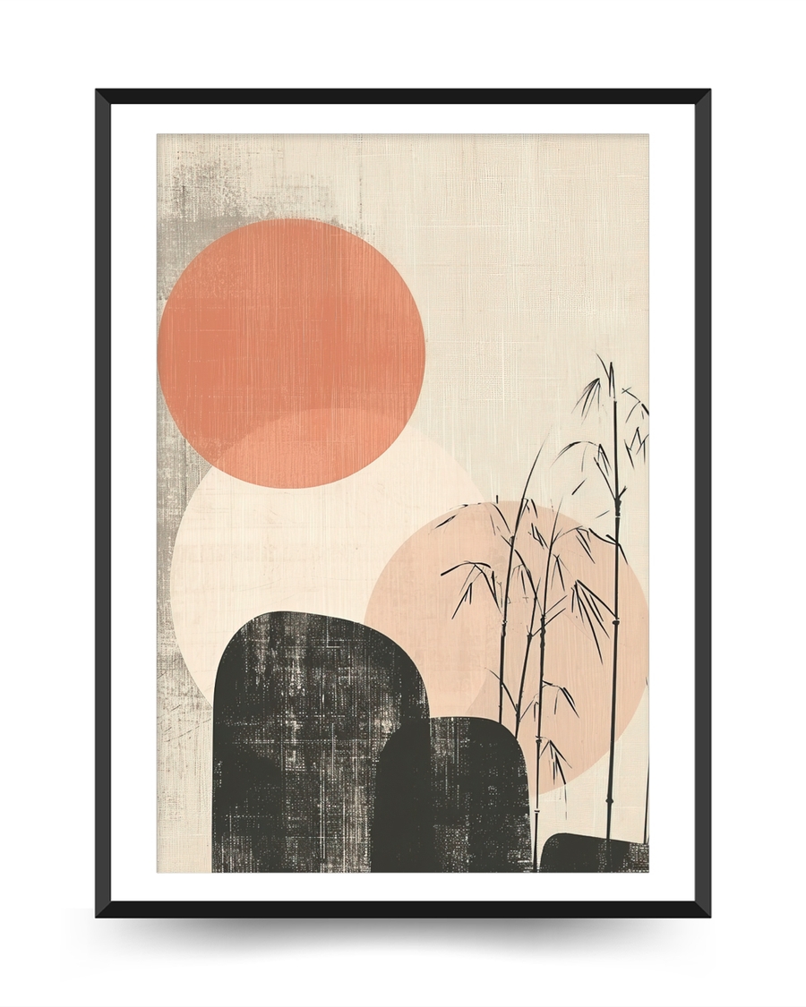 A poster of a Japandi abstract circles with stones and plants