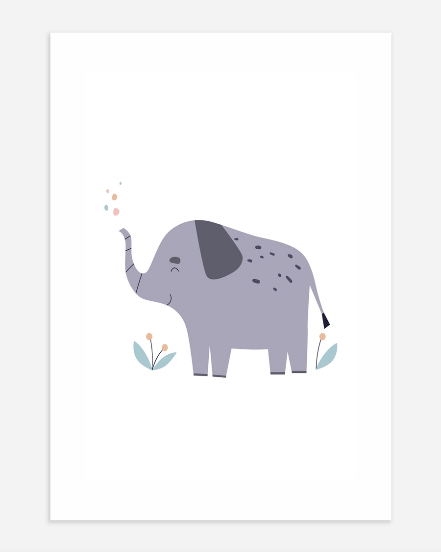 A poster of a Soft pastel elephant illustration with playful details