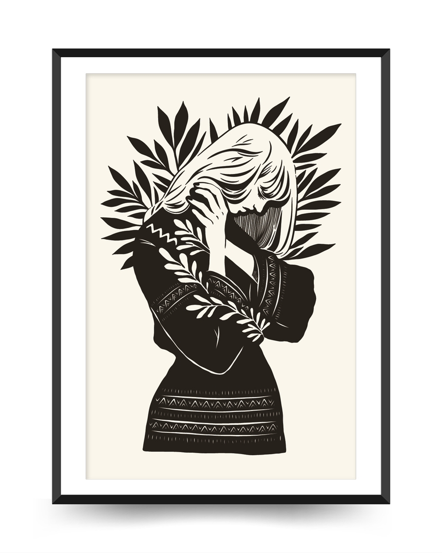 A poster of a Graphic figure surrounded by botanical leaves in black