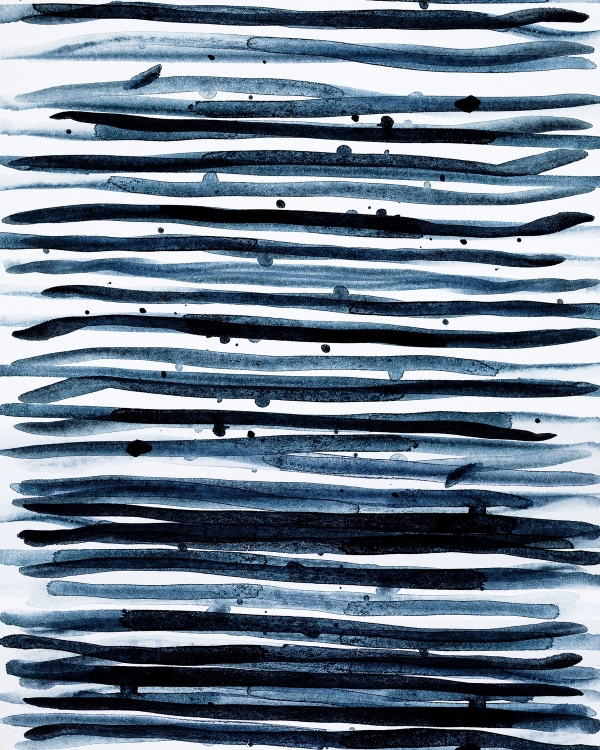 Abstract watercolor poster with horizontal indigo and blue brush lines on white