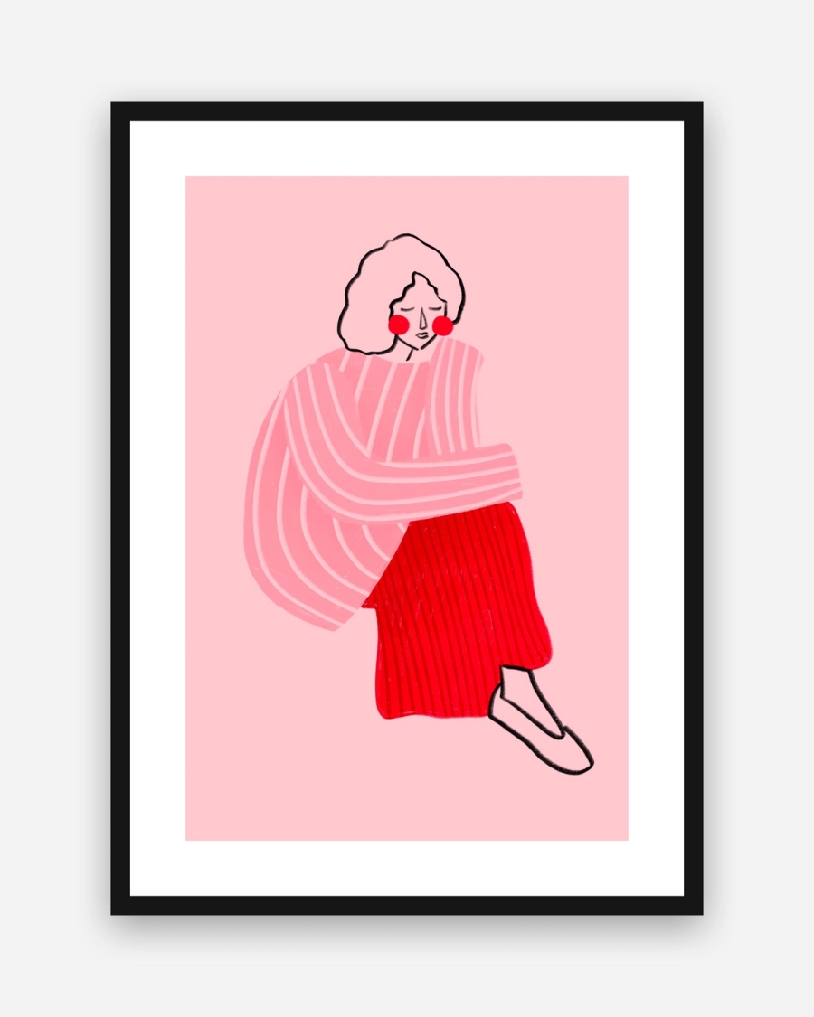 Thoughtful in Pink poster with a white border in a black frame