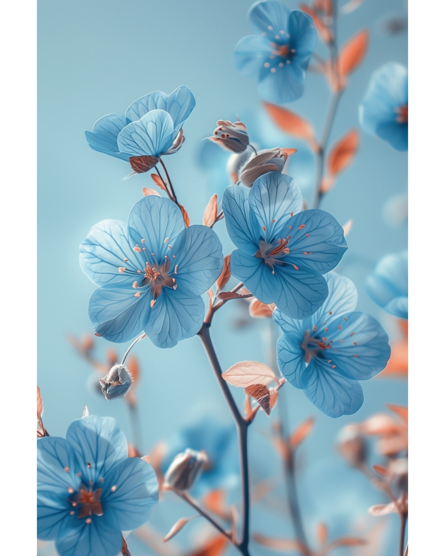 Soft blue flowers with warm botanical accents
