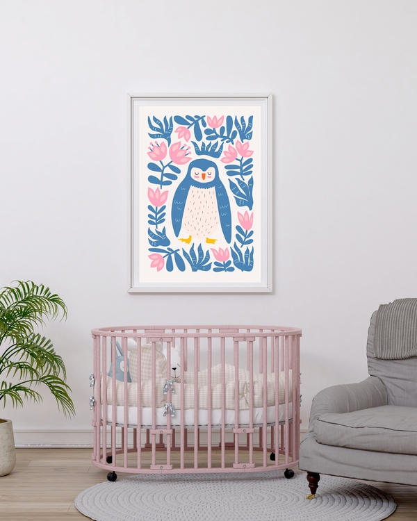 A poster of a Blue penguin surrounded by pink flowers and leaves