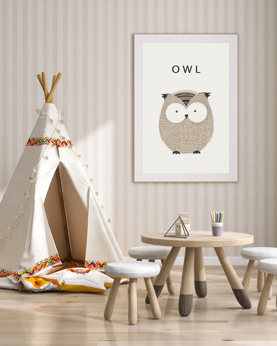 A poster of a Cute illustrated owl in soft neutral colors