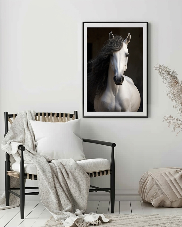 A poster of a white horse with flowing black mane portrait