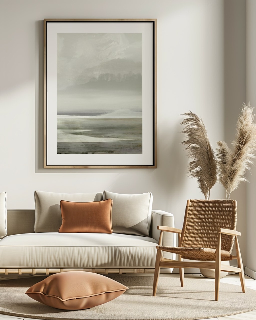 Misty Treeline poster in a slim light wood frame above a cream sofa in a sunlit living room