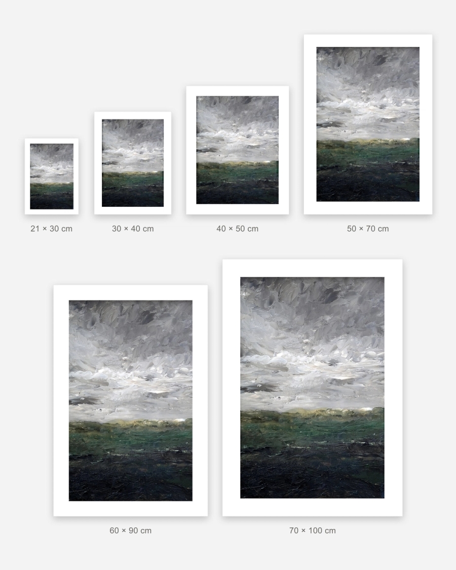 Clouded Heath poster in 6 sizes, shown to scale: 21 × 30, 30 × 40, 40 × 50, 50 × 70, 60 × 90 and 70 × 100 cm