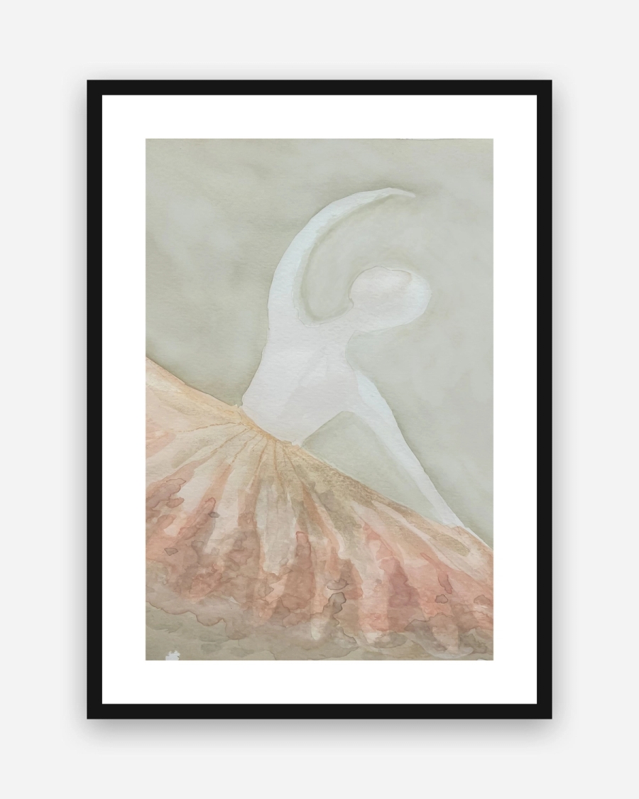 Peach Tulle Dancer poster with a white border in a black frame