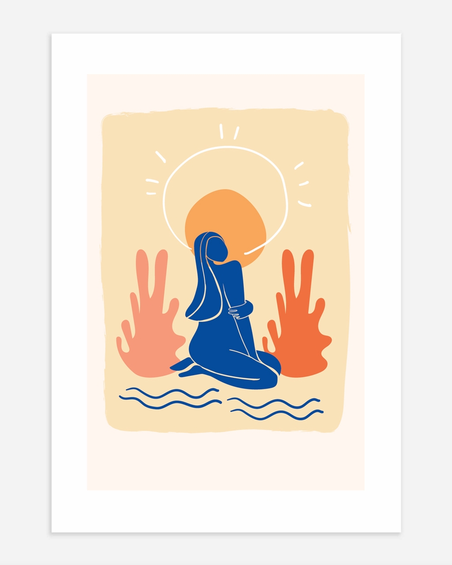 A poster of  a Abstract woman figure with sun and warm tones