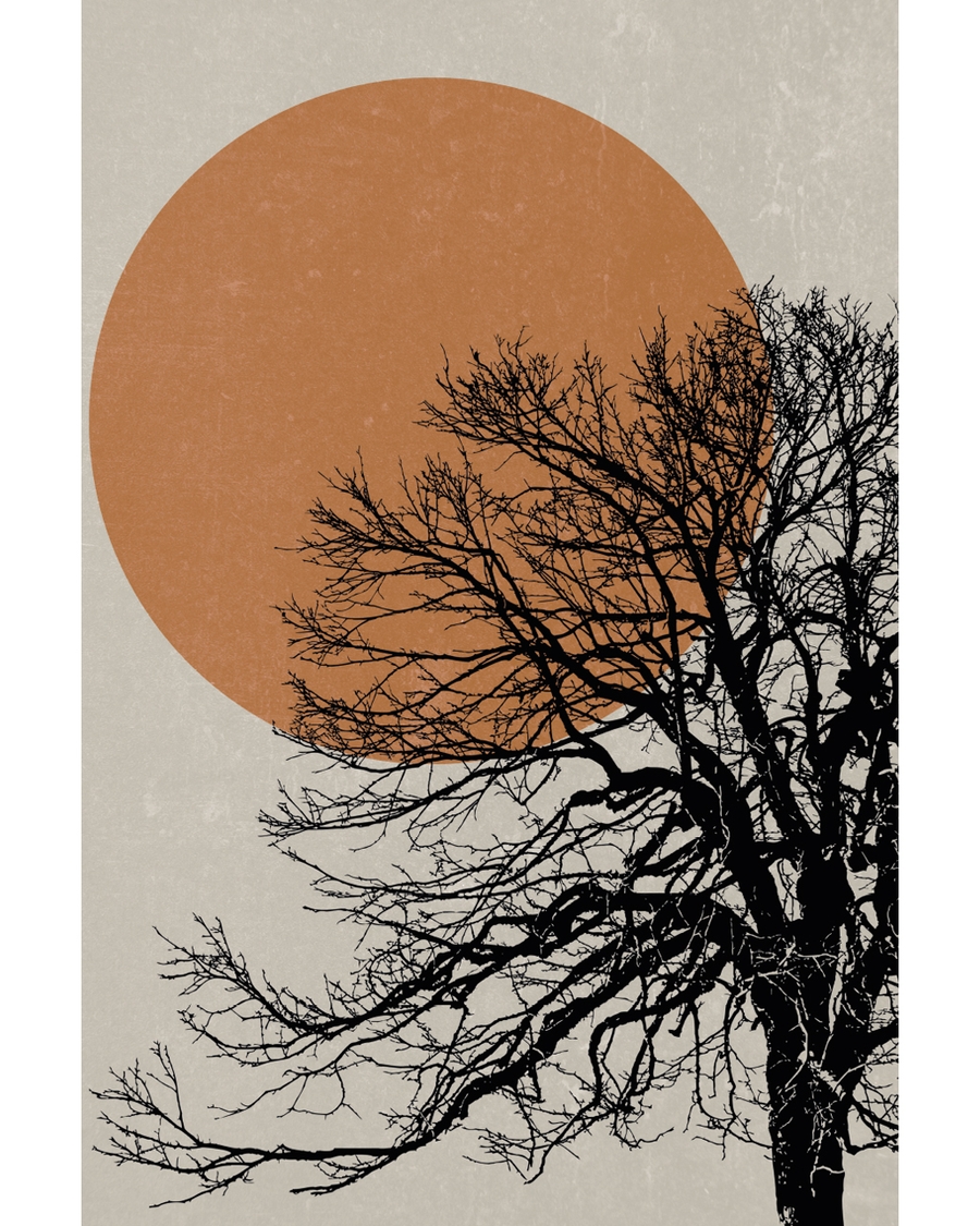 Japandi tree silhouette with large terracotta sun