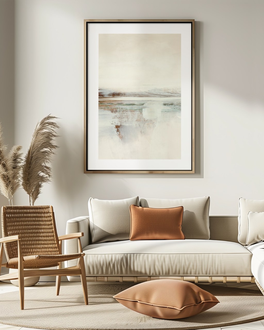 Rust Shoreline Haze poster in a light wood frame above a cream sofa in a bright living room