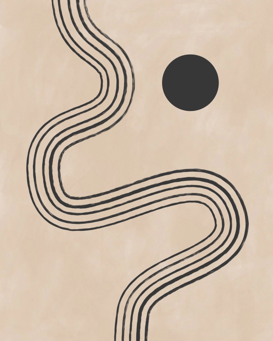 Abstract illustration with a winding charcoal line and a dark circle on a warm beige background