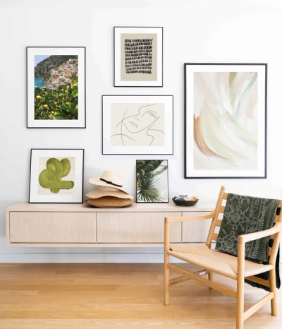 A gallery wall of different posters