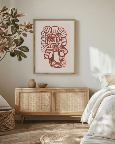 A poster of a terracotta abstract line pattern on soft beige background