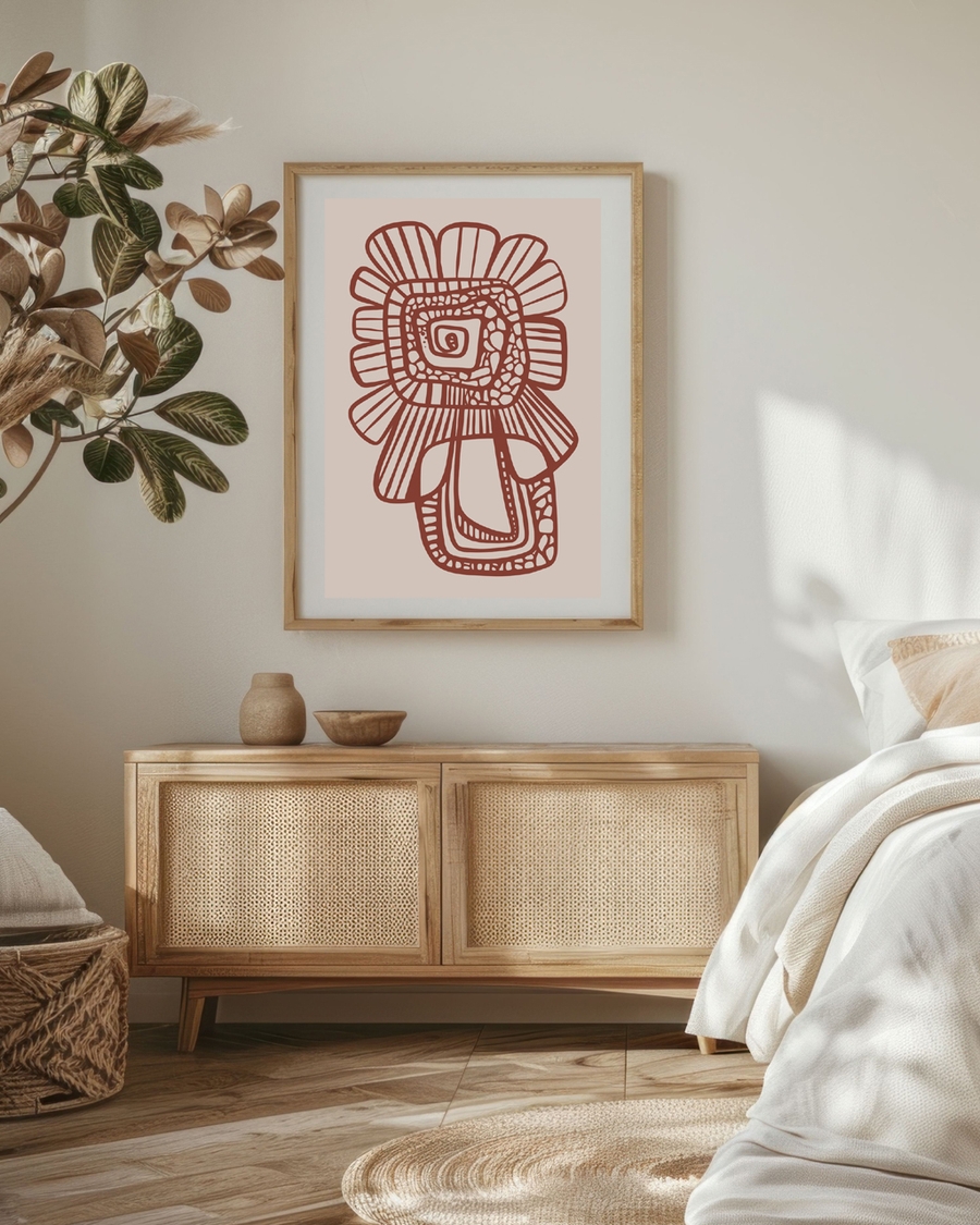 A poster of a terracotta abstract line pattern on soft beige background