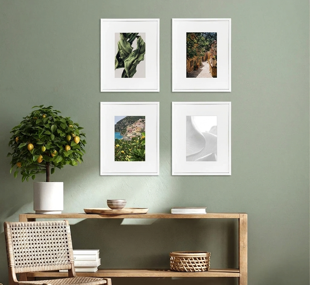 A gallery of framed posters of abstract green shapes hanged in the living room