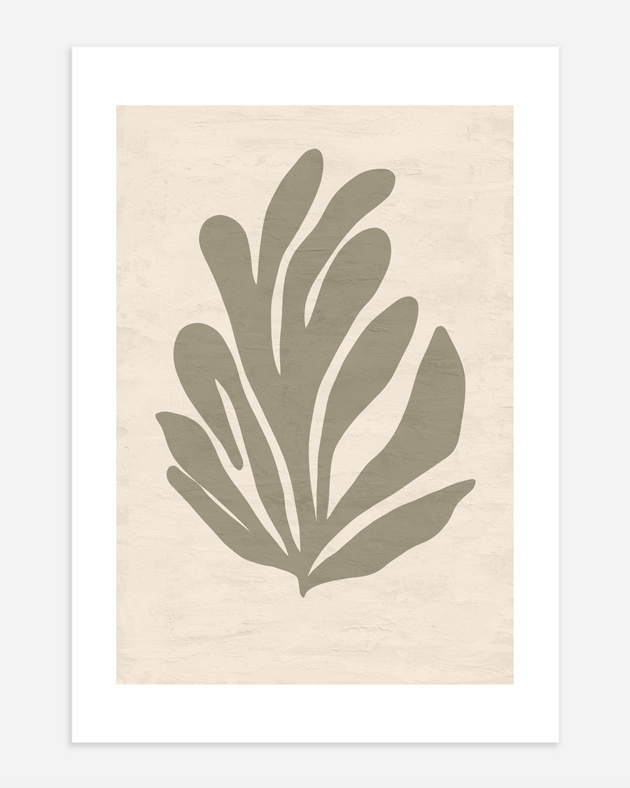 A poster of a Abstract organic leaf shape in muted green beige