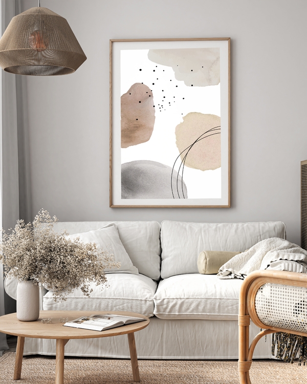 A poster of a Abstract watercolor shapes with black lines and dots