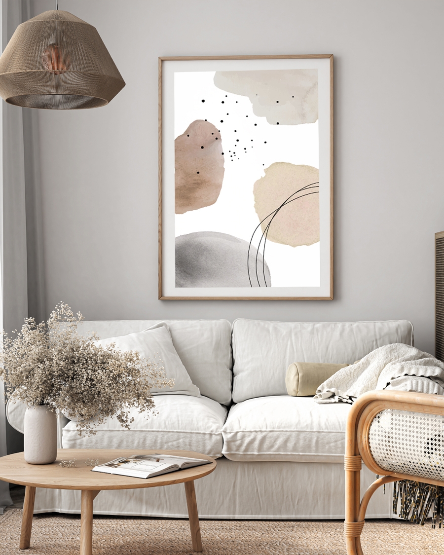 A poster of a Abstract watercolor shapes with black lines and dots