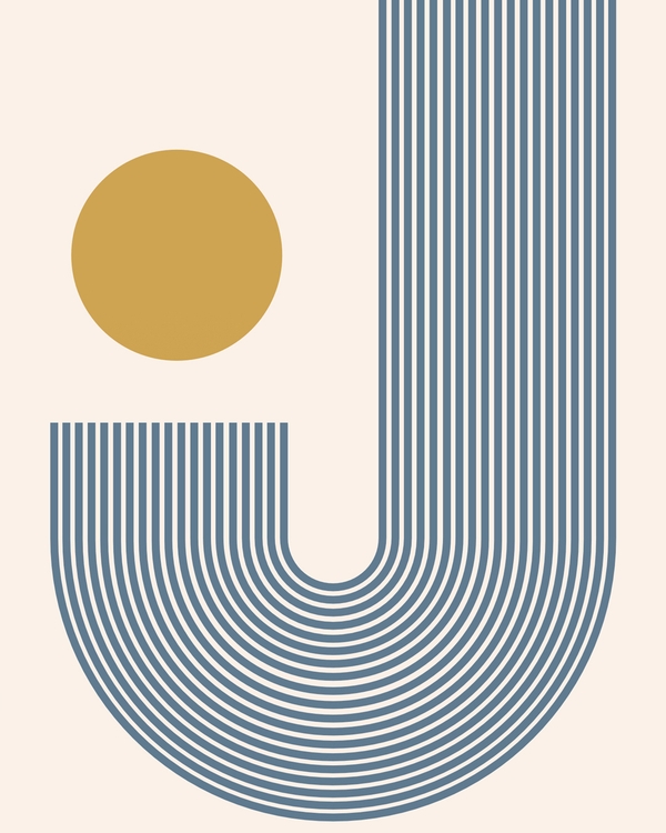 Minimalist poster with curved blue lines and golden circle
