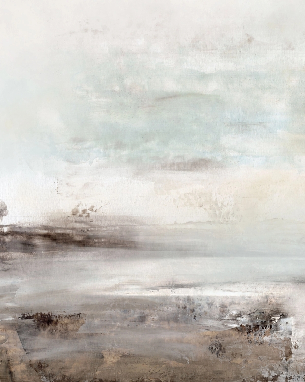 Abstract painted landscape with hazy pale sky and earthy gray and brown ground
