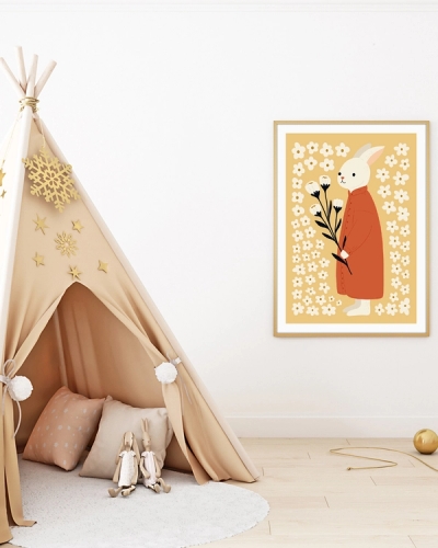 A poster of a White bunny in rust coat holding flowers