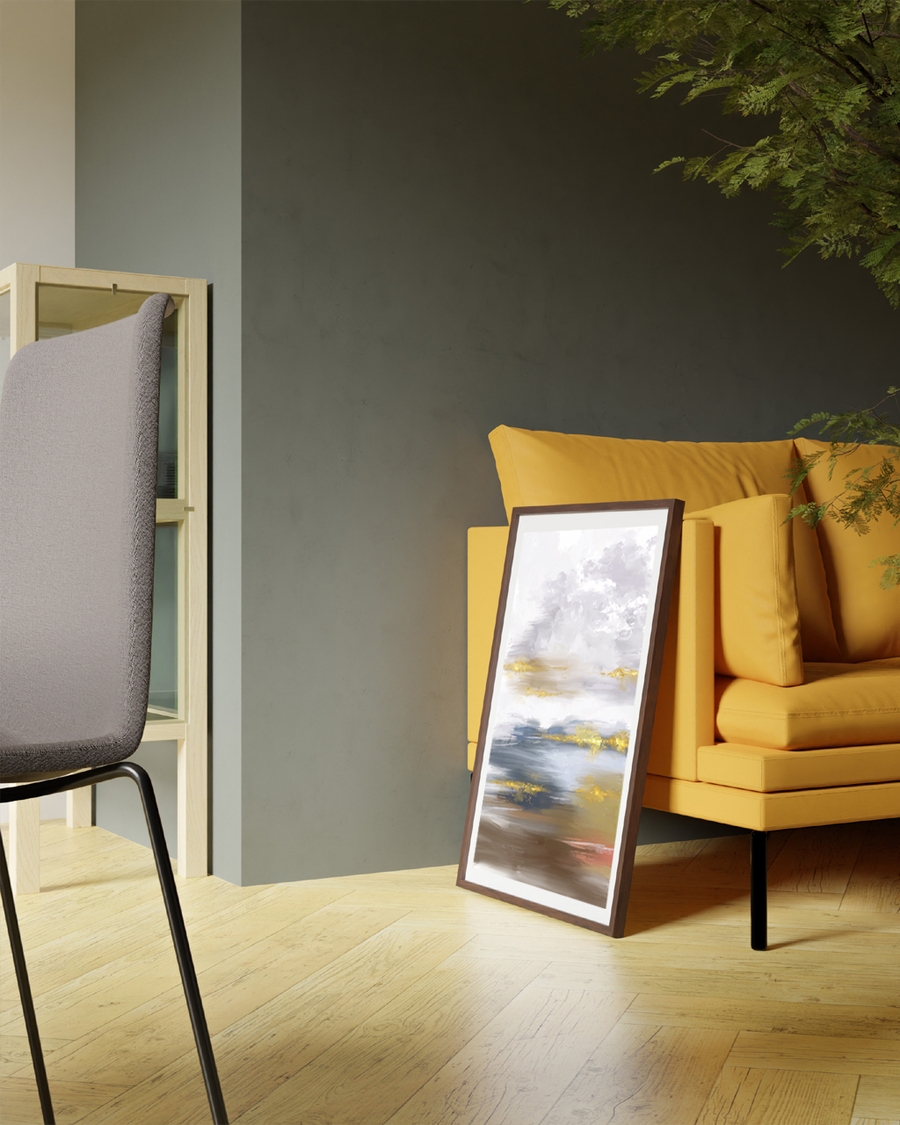 A poster of a abstract clouds with gold and muted earth tones