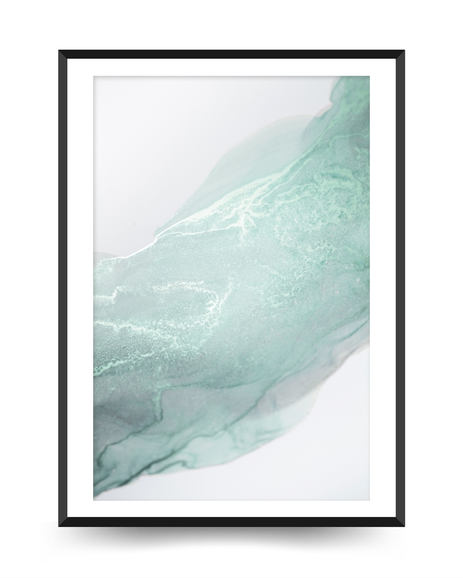 A poster of a Soft sea green abstract layers flowing on white