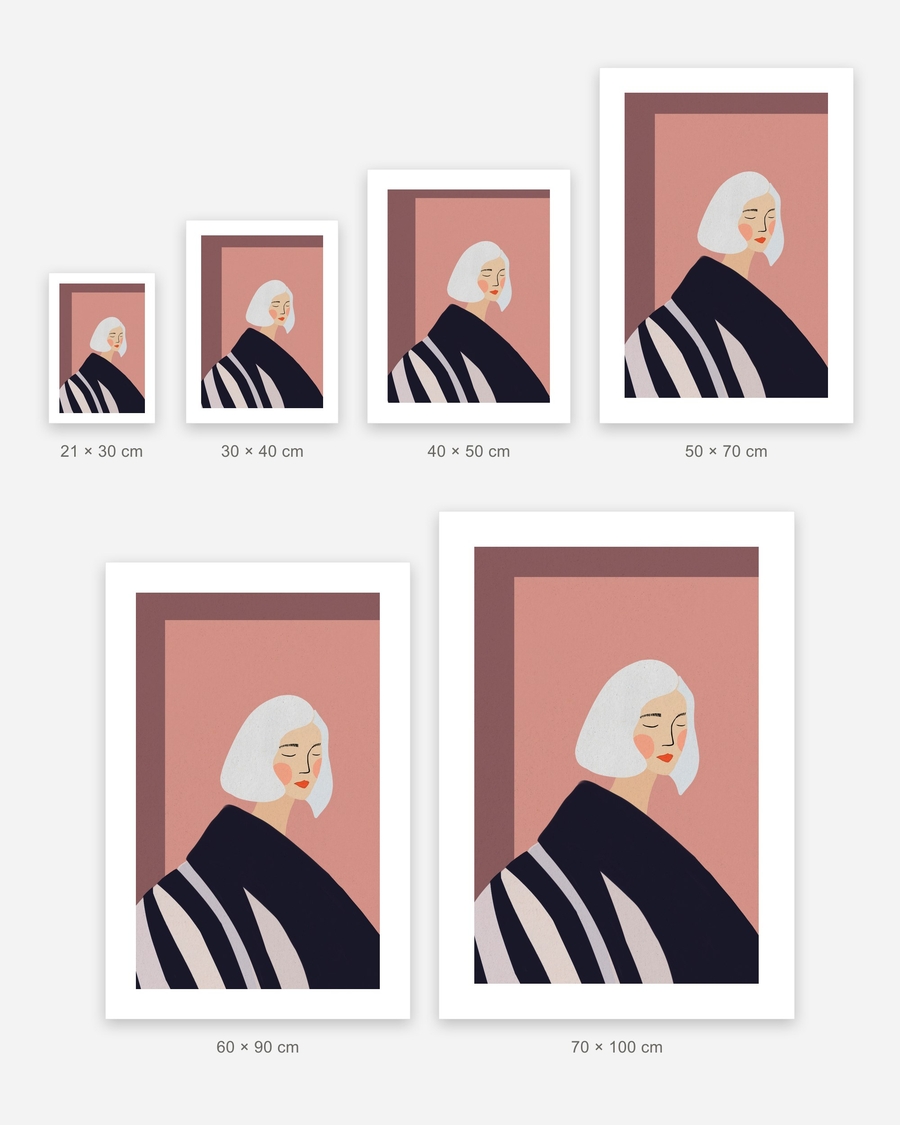 Blush Hour Portrait poster in 6 sizes, shown to scale: 21 × 30, 30 × 40, 40 × 50, 50 × 70, 60 × 90 and 70 × 100 cm