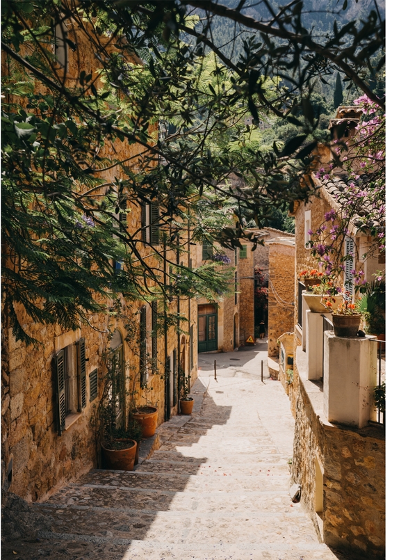 Sunlit Mediterranean alley with stone houses and flowers