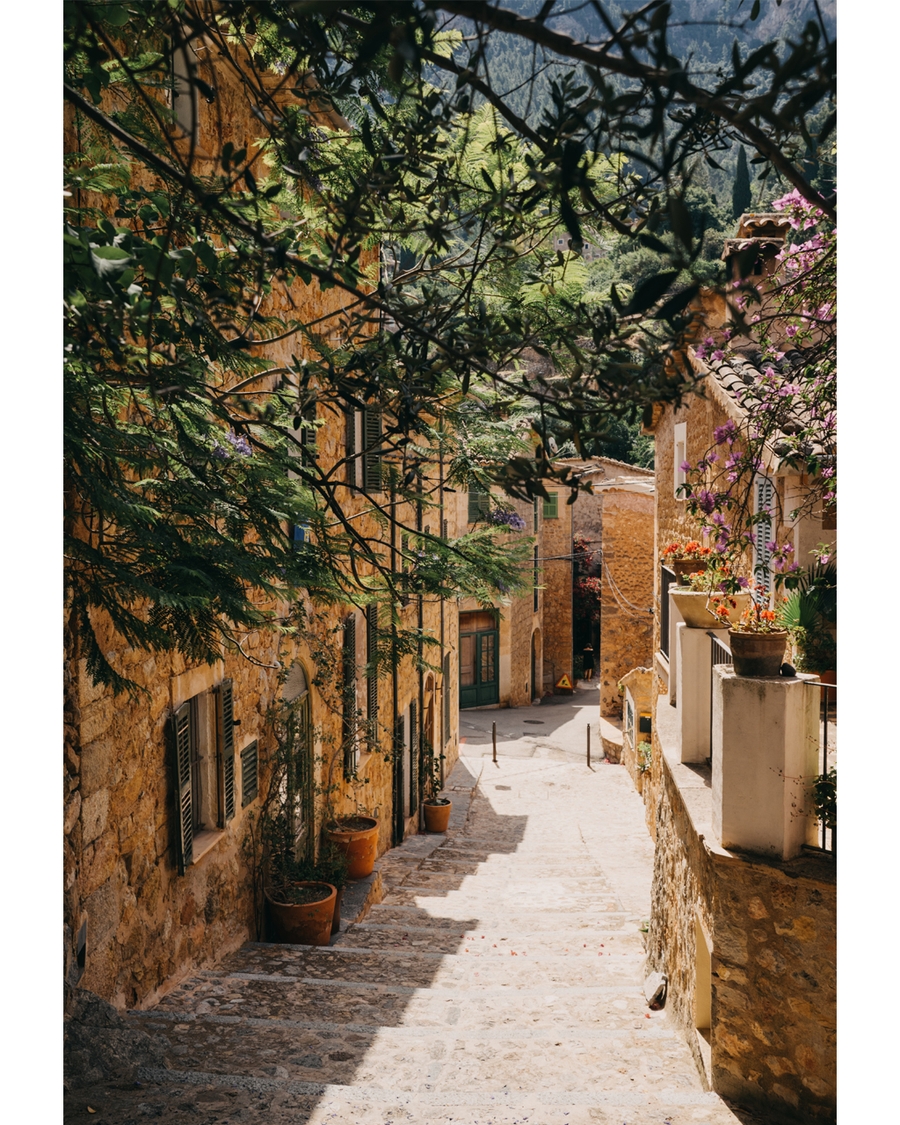 Sunlit Mediterranean alley with stone houses and flowers