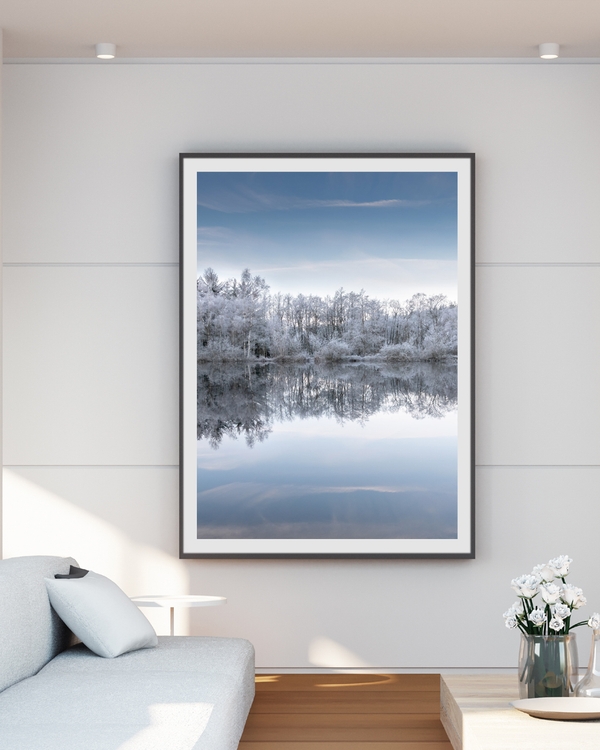 A poster of a Frost-covered trees reflected in calm winter lake