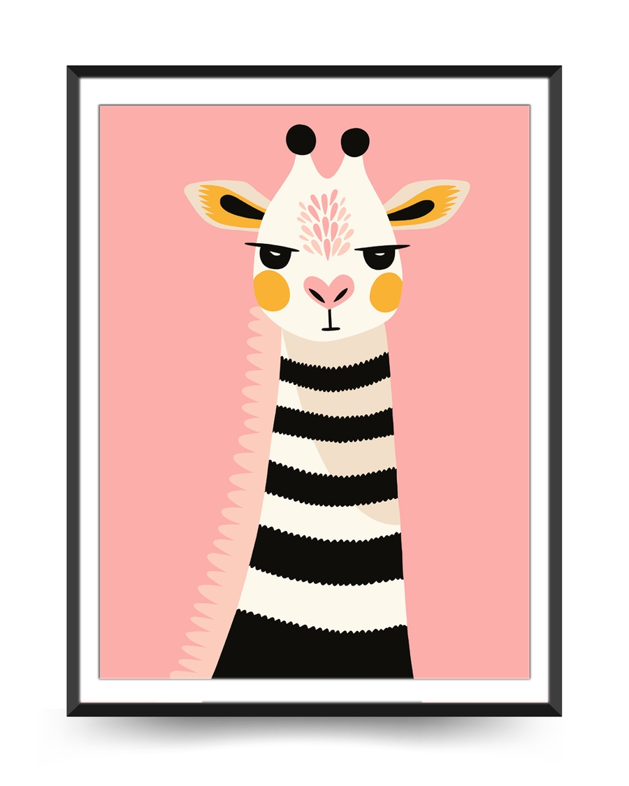 A poster of a Striped giraffe on soft pink background looking curious