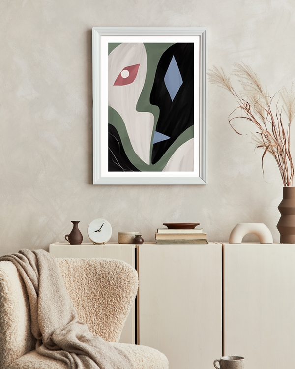 A poster of a abstract poster with two contrasting geometric faces