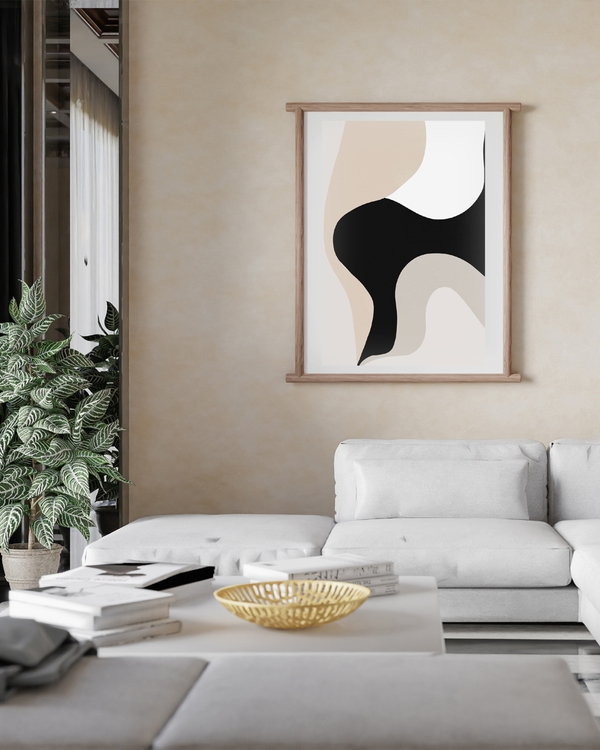 A poster of a Abstract black and beige flowing shapes on ivory background