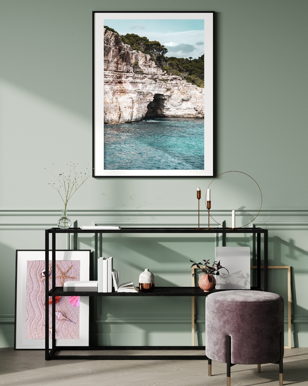 A poster of a Coastal limestone cliffs with turquoise sea and greenery