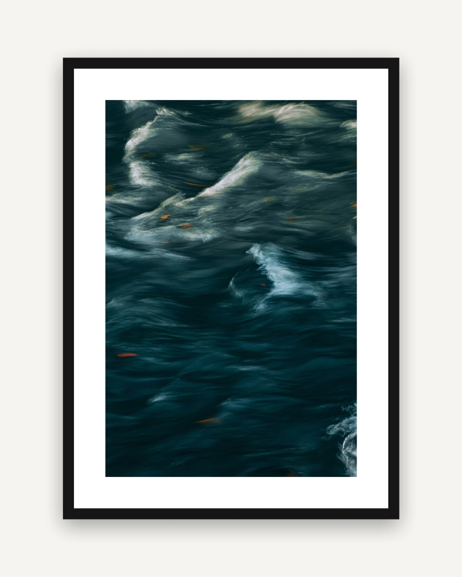 Teal Current poster with a white border in a black frame