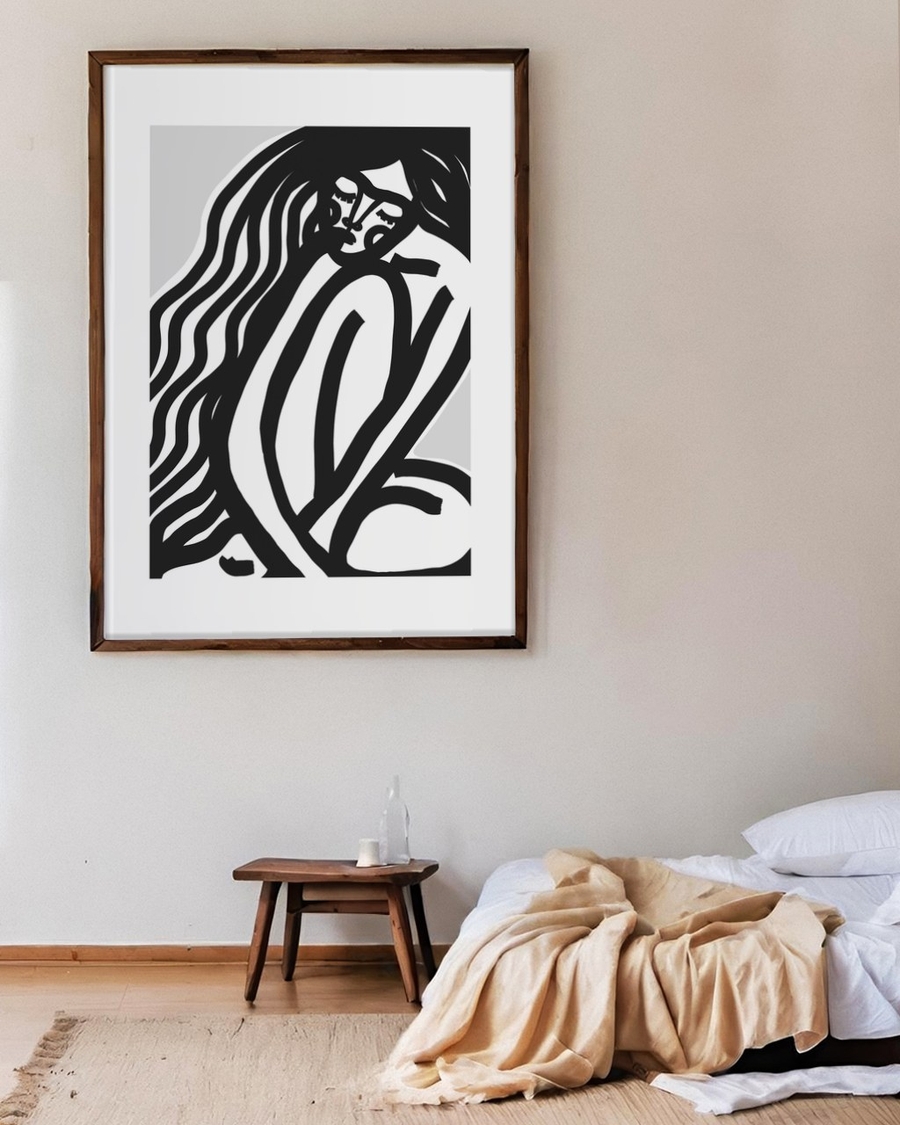 Hair Like Water poster in a large dark wood frame above a wooden stool in a calm bedroom
