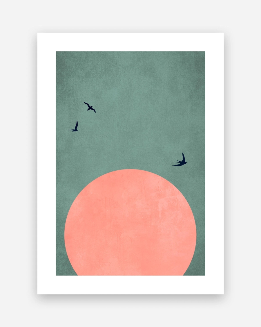 Coral Sun Flight poster with a white border, unframed on a light gray background