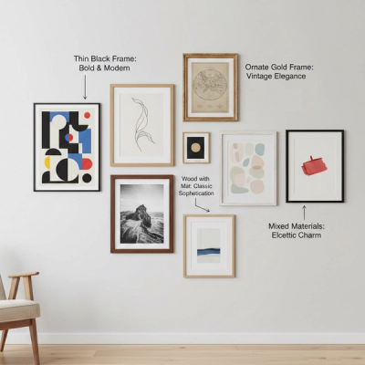 Three framed posters hanged in the living room over and an beige soffa