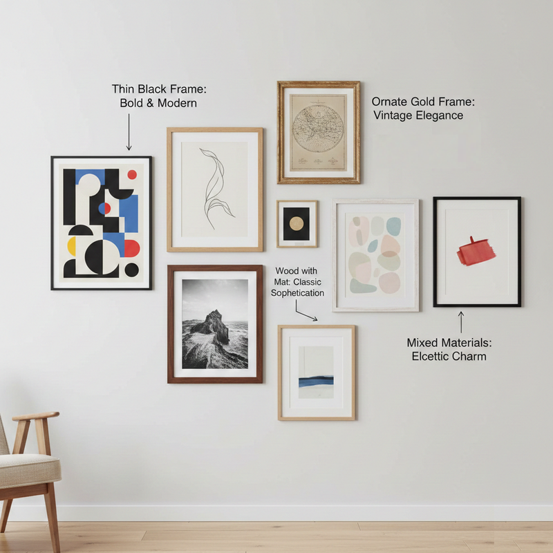 Three framed posters hanged in the living room over and an beige soffa