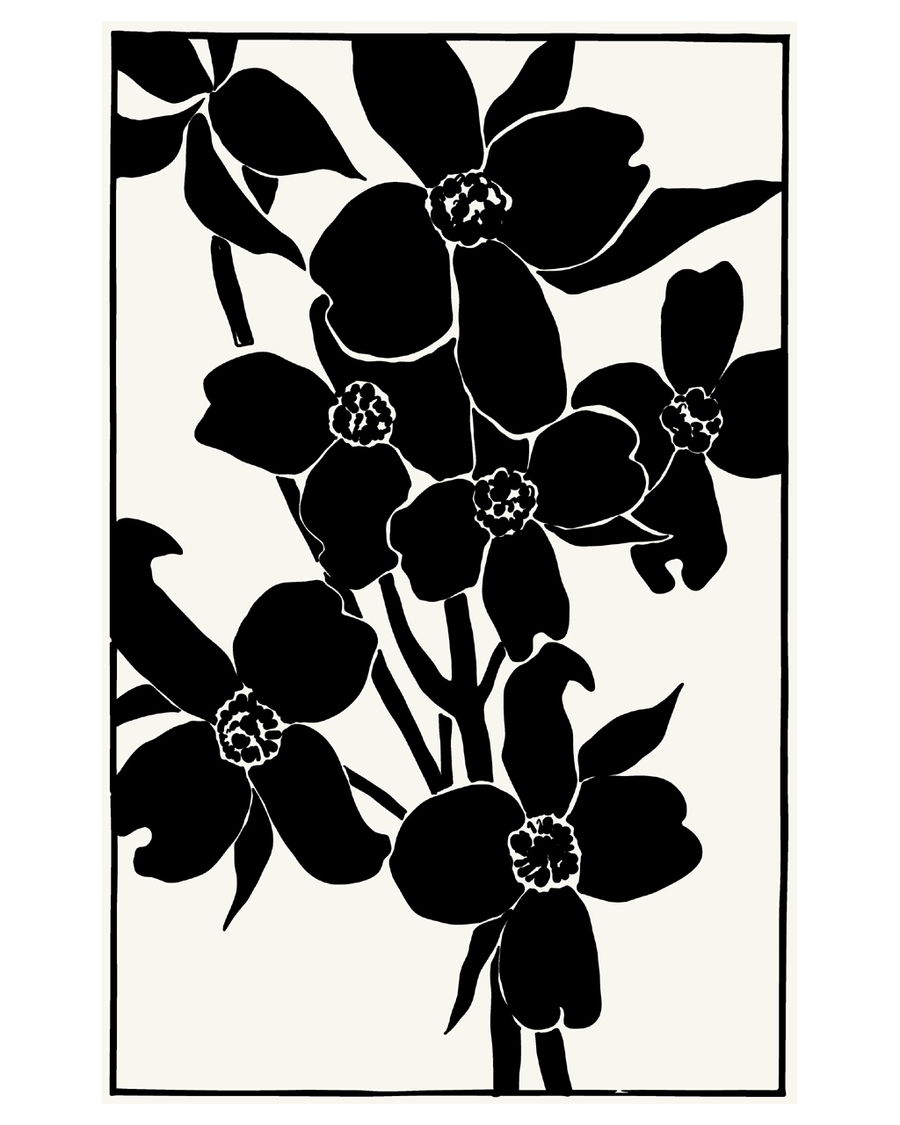 Black floral silhouette poster on white background.