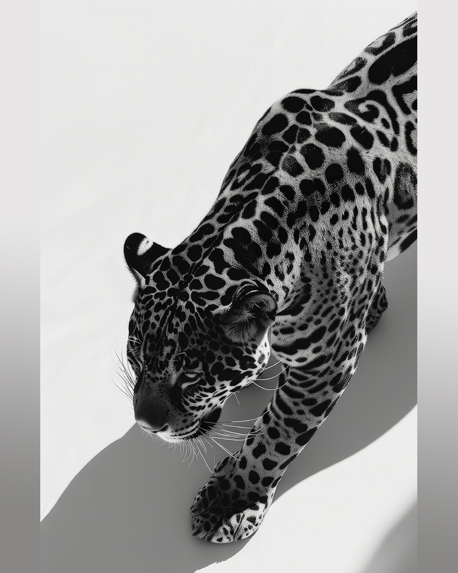 Black-and-white jaguar walking in soft shadow
