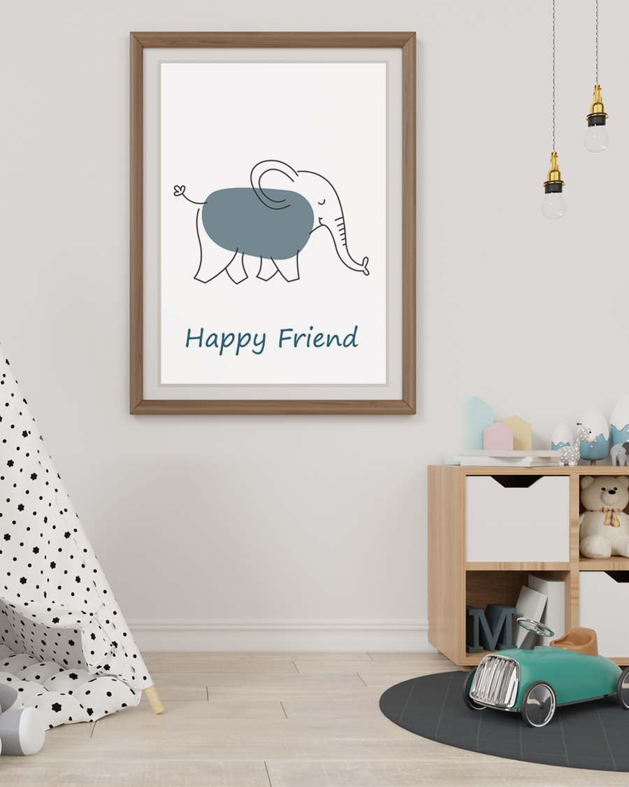 A poster of a Smiling elephant line drawing with soft blue shape