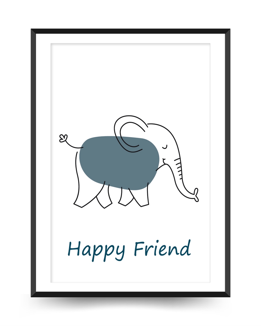 A poster of a Smiling elephant line drawing with soft blue shape