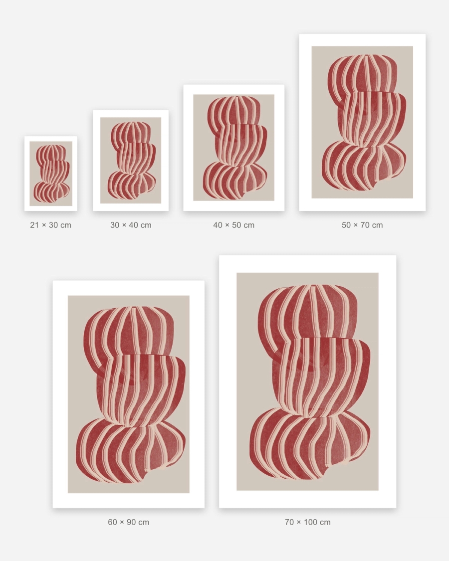 Ruby Stripe Stack poster in 6 sizes, shown to scale: 21 × 30, 30 × 40, 40 × 50, 50 × 70, 60 × 90 and 70 × 100 cm