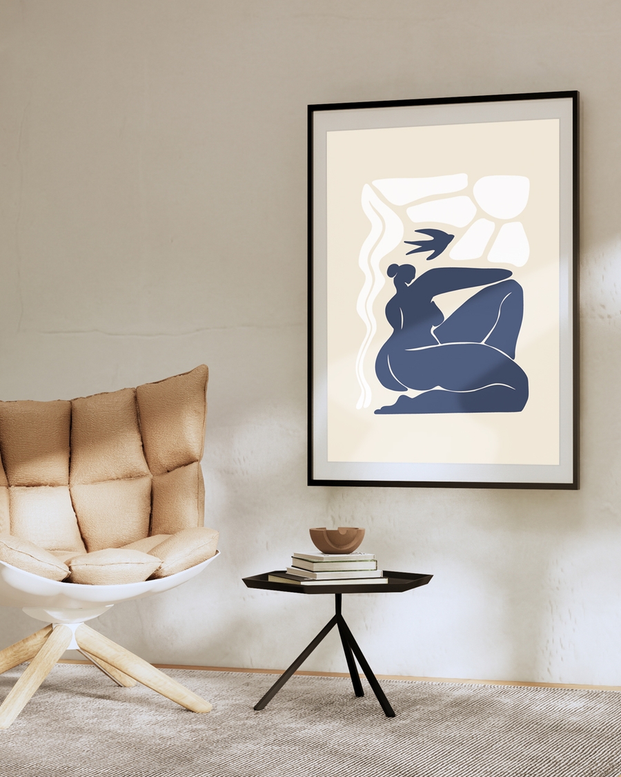 A poster of a Abstract blue figure with soft organic shapes