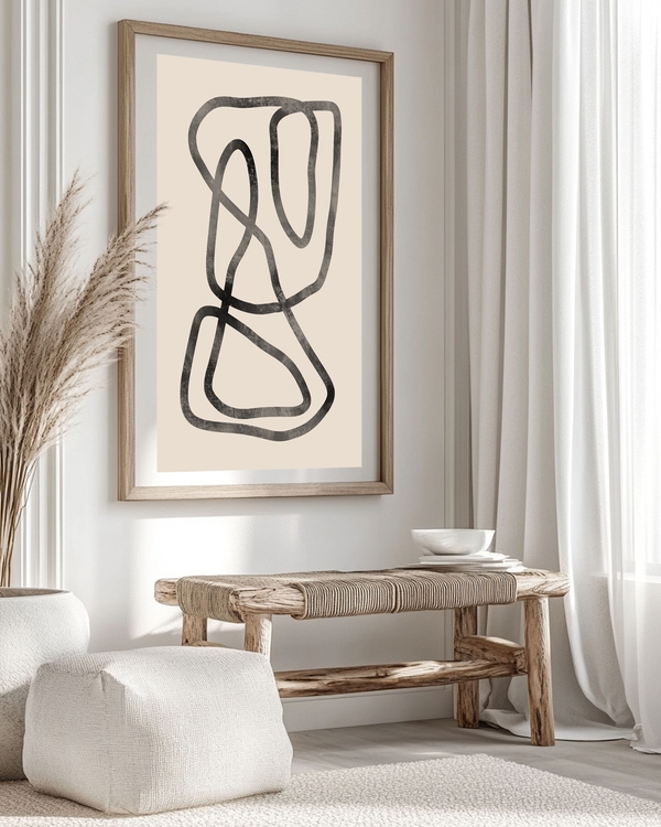 A poster of a abstract black line art on beige background.