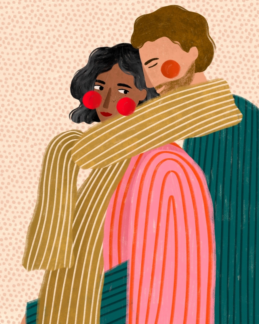 Illustration of a couple hugging, wrapped in one striped mustard scarf, in pink and teal coats