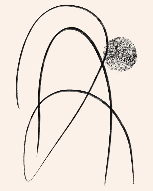 Abstract illustration with sweeping black arcs and a grainy black circle on a cream background
